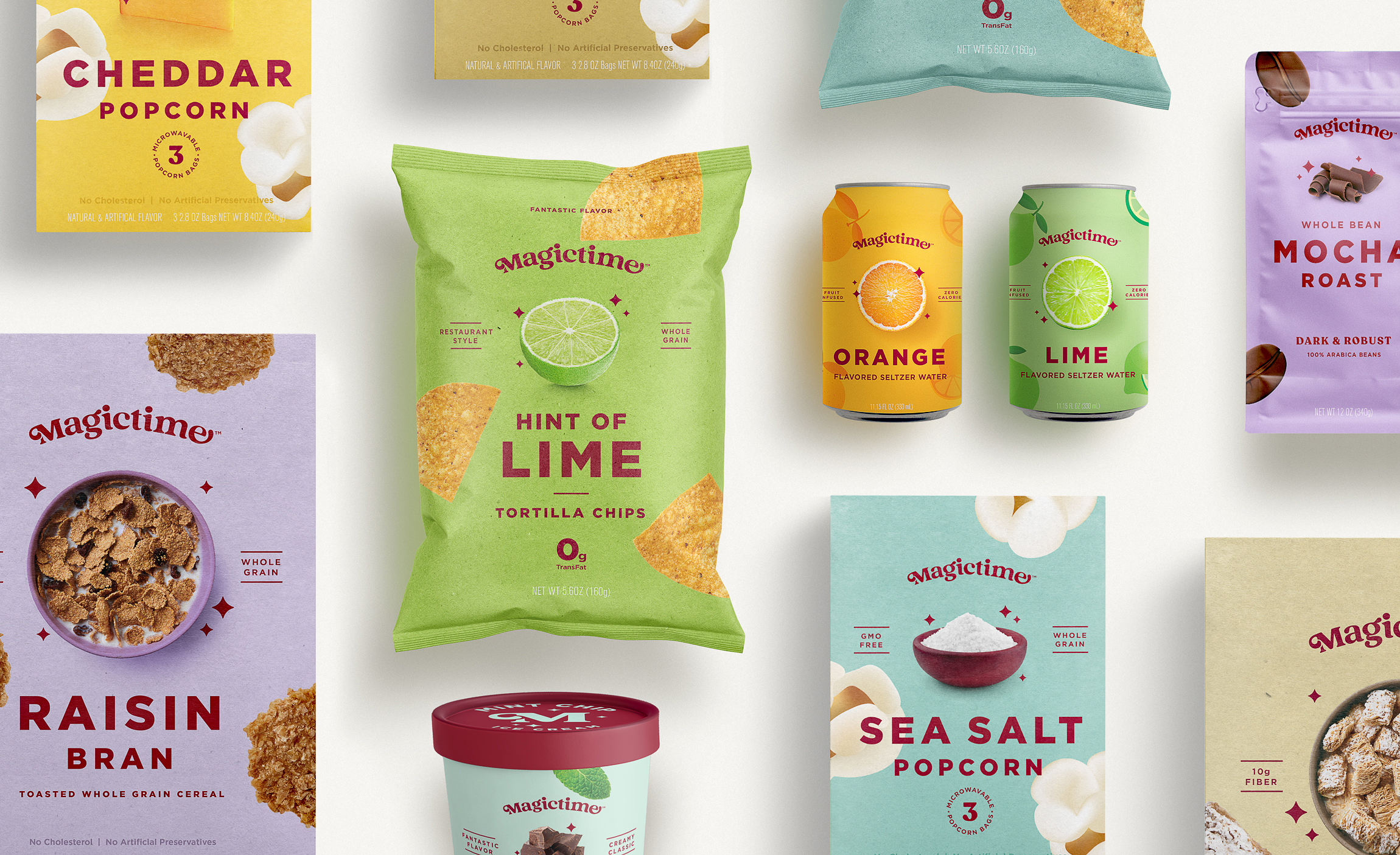 Lineup of creative food packaging design for Magictime.