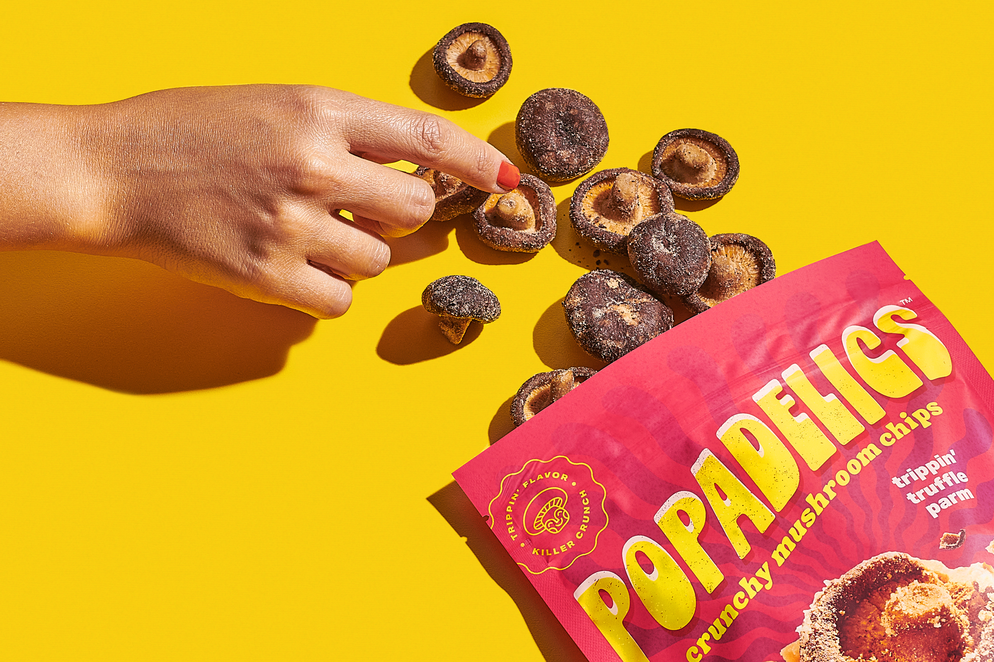 Popadelics brand launch snack packaging design and product.