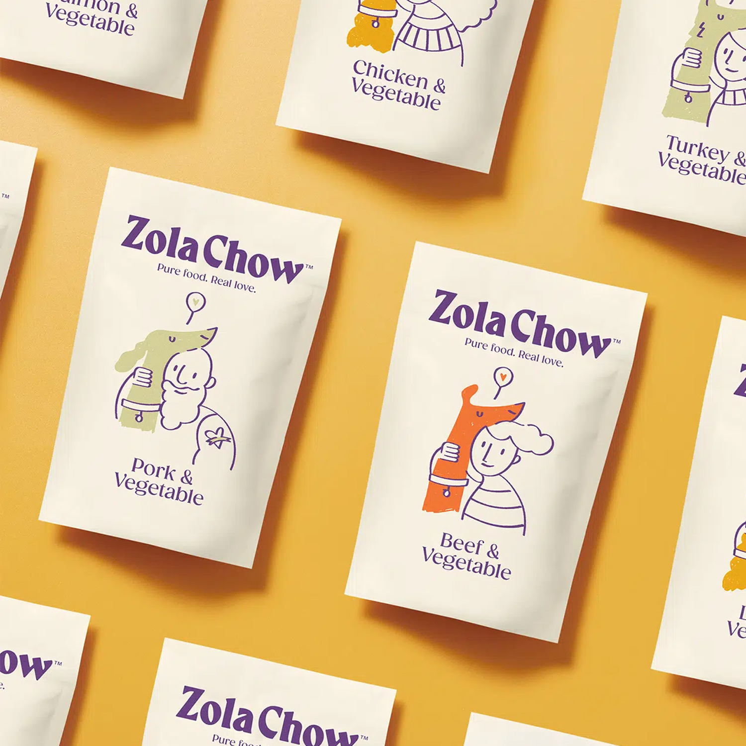 Flat lay of Zola Chow custom illustration packaging.