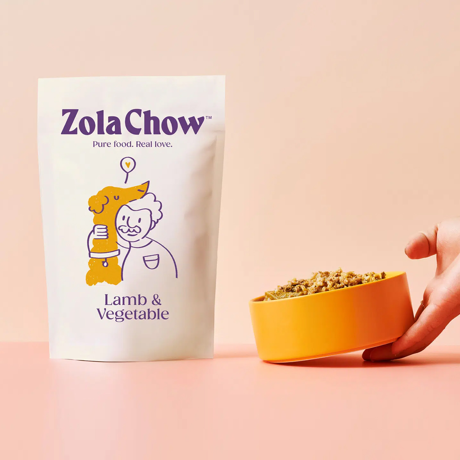 Zola Chow custom illustration packaging with pet food bowl.
